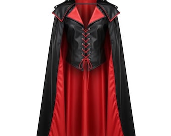 May include: A black and red cape with a corset-style bodice. The cape has a high collar and a flowing design. The bodice features a lace-up front with red lacing. The interior lining of the cape is red, creating a striking contrast with the black exterior.