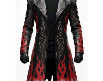 Trench in pelle nera e rossa con fiamme di fuoco / Giubbotto spolverino da motociclista / Cappotto lungo in stile gotico per Halloween / Regalo per lui