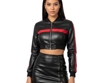 Black Leather Crop Bomber Jacket & Mini Skirt Set, Streetwear Leather Outfit, Y2K Aesthetic Two-Piece Set, Gift For Her