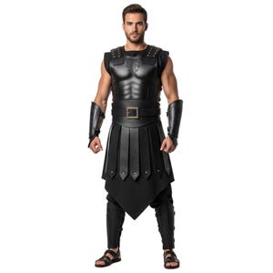 May include: Black gladiator costume featuring a sleeveless top with studded accents, a wide belt with a square buckle, and a pleated skirt. The costume includes matching arm cuffs, leg guards, and sandals. The outfit is designed for a theatrical or costume event.