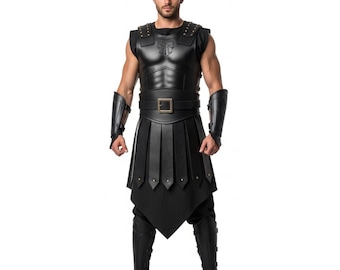 Black Roman Warrior Leather Costume, Gladiator Armour Set, Spartan Cosplay Outfit, Halloween Costume, Gift For Him