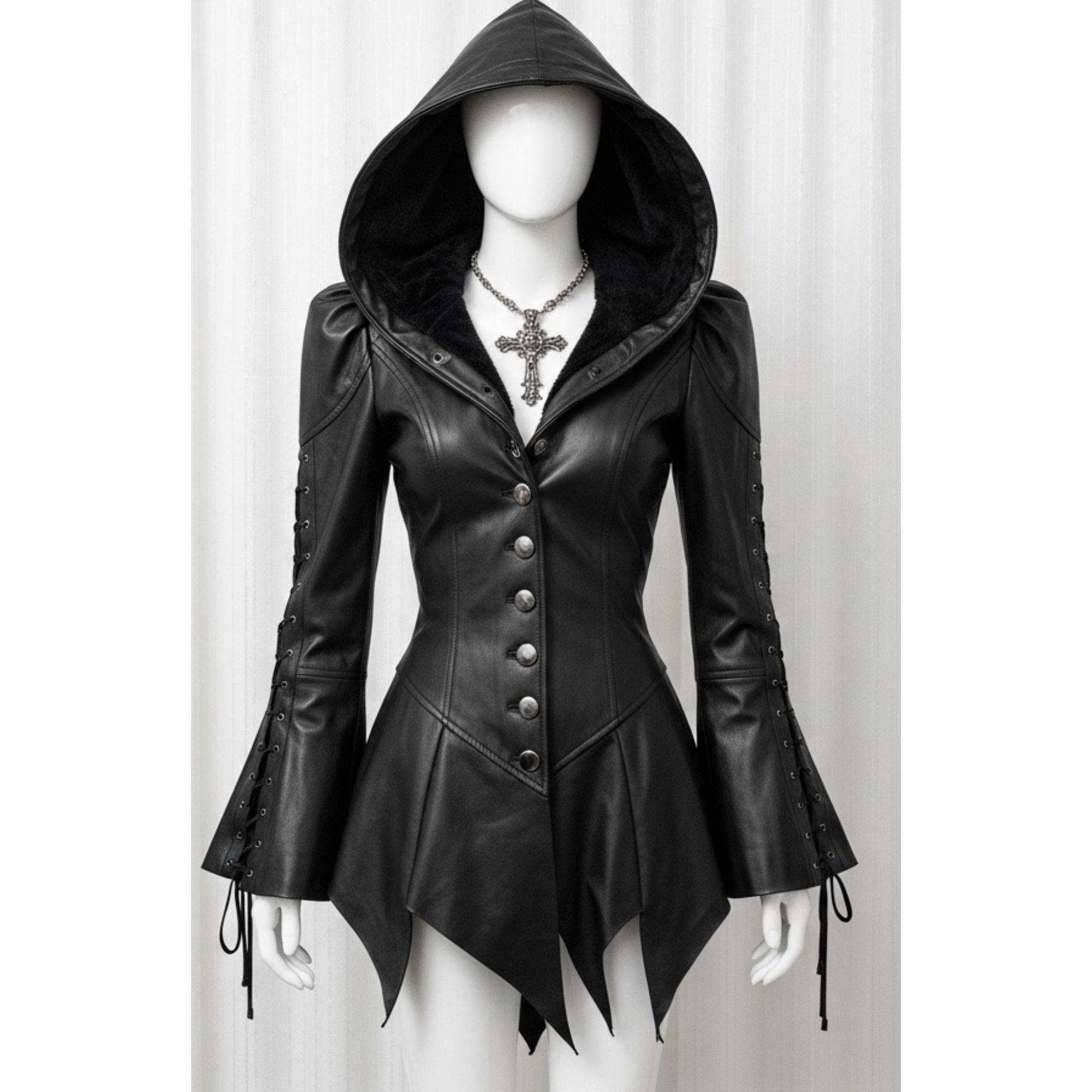Women's Black Gothic Genuine Leather Jacket | Witchy Hooded