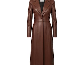 May include: A long, brown leather coat with a classic design. The coat features a notched lapel, a single-button closure, and a tailored fit. The coat is approximately 55 inches long.