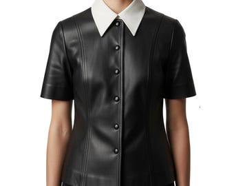 Handmade  Women’s Black Genuine Leather Short Sleeve Shirt | White Collar Button-Up Top – Office Wear, Gift for Her