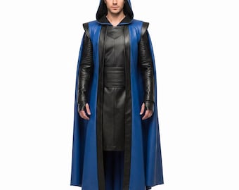 Genuine Leather Blue Hooded Cloak with Warrior Coat – Gothic LARP Costume, Fantasy Cosplay Cape, Medieval Wizard Robe for Men, Gift For Him