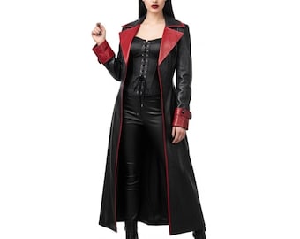 Gothic Leder Trenchcoat und Hose | Damen Schwarz & Rot Duster | Steampunk viktorianische Jacke - Cosplay Oberbekleidung Halloween Geschenk für Sie