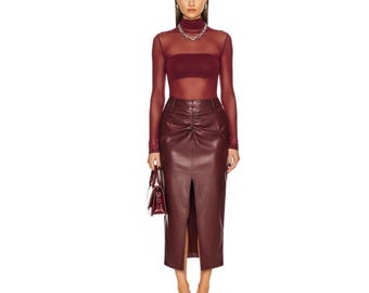 Women's Maroon Lambskin Leather Ruched Midi Skirt | Genuine Leather High Slit Bodycon Gift for Her