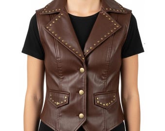 Women’s Brown Leather Vest | Steampunk Studded Waistcoat – Gothic Corset Vest, Victorian Biker Outfit & Gift for Her