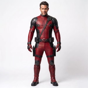 May include: A full-body costume featuring a textured red and black tactical suit with a high collar, shoulder pads, and knee guards. The outfit includes a utility belt with a circular buckle, a diagonal shoulder strap, and holsters on the thighs.