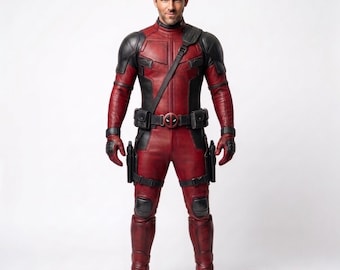 Può includere: Un costume integrale composto da una tuta tattica testurizzata rossa e nera con colletto alto, spalline e ginocchiere. L'outfit include una cintura multiuso con fibbia circolare, una tracolla diagonale e fondine posizionate sulle cosce.