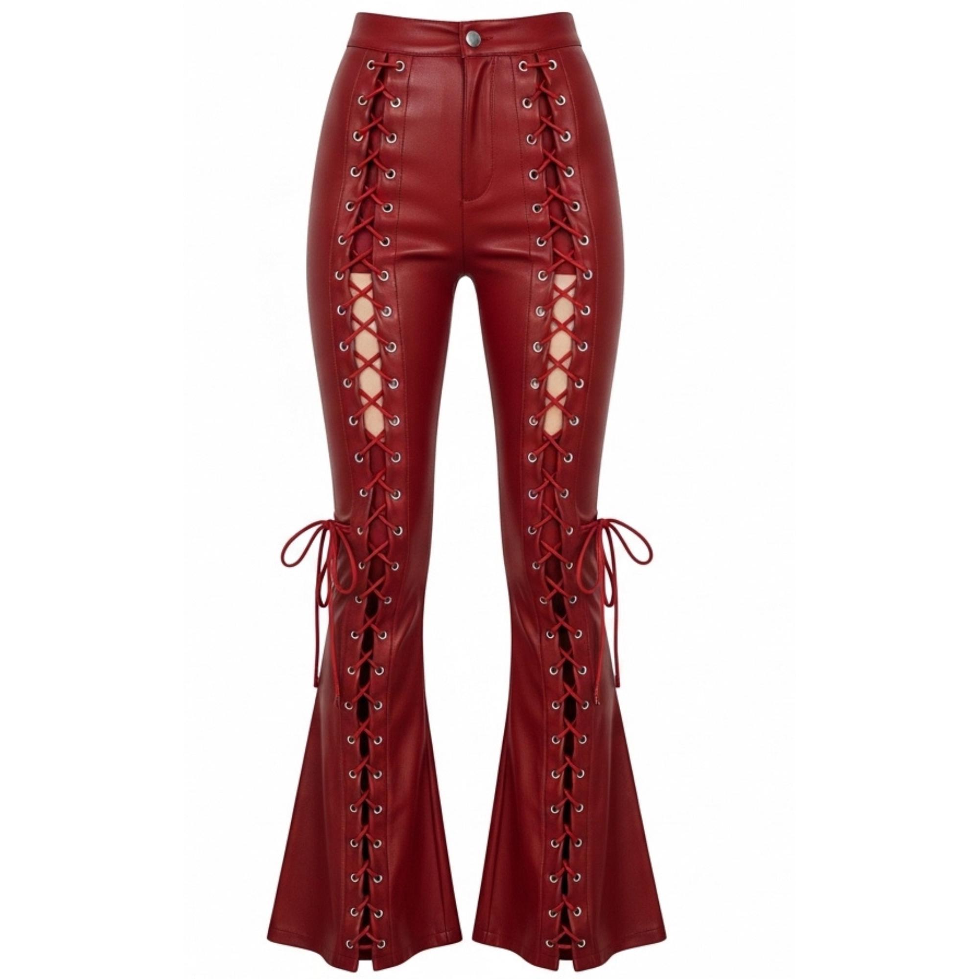 Red Lace-up Genuine Leather Pants | High Waisted Flared Trousers 