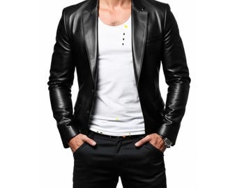 Handcrafted Men’s Genuine Leather Suit Jacket | Slim Fit Black Leather Blazer, Smart Casual Leather Coat, Evening Wear, Unique Gift for Him