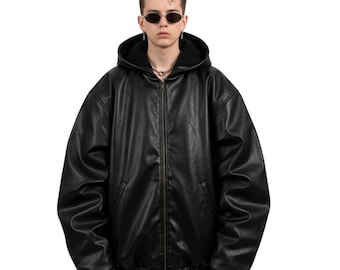 ジャケット・アウター hooded real leather jkt y2k black grunge Oversized Black PU Leather Hoodie – Unisex Y2K Streetwear Jacket