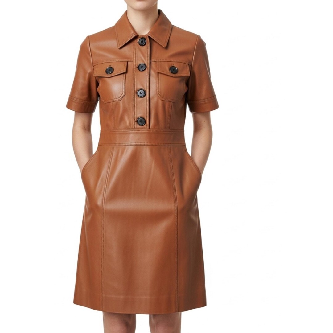 Women's Tan Lambskin Leather Shirt Dress | Genuine Leather Short Sleeve Mini Dress | Safari Utility Style Gift for Her Women's Tan Lambskin Leather Shirt Dress | Genuine Leather Short Sleeve Mini Dress | Safari Utility Style Gift for Her