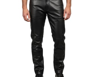 Men’s Black Genuine Leather Pants | Straight Leg Leather Trousers, Casual Style Pants, Biker Jeans Outerwear, Handmade Gift for Him