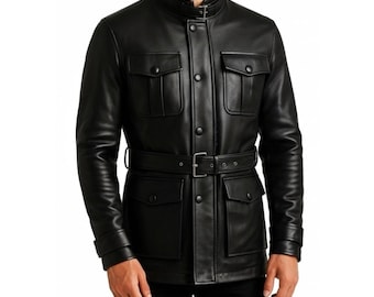 Genuine Lambskin Leather Field Jacket, Black Biker Trench Coat Men's, Four Pocket Safari Car Coat Belted Style, Gift for Him