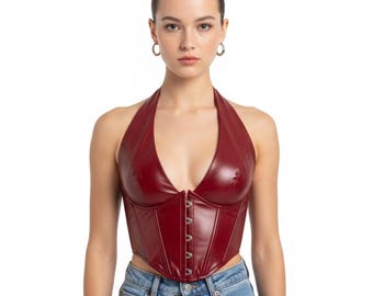 Oxblood Red Leather Corset Top | Halter Neck Bustier Crop Top – Gothic Streetwear & Alternative Fashion Gift for Her