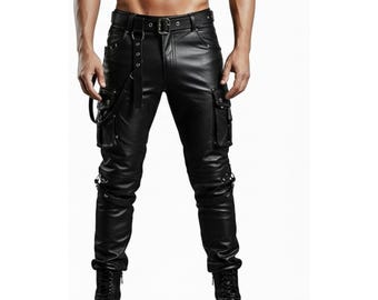 Men’s Leather Cargo Pants | Black Trousers with Straps & Buckles, Biker Style Streetwear, Goth Punk Festival Outfit, Gift for Him