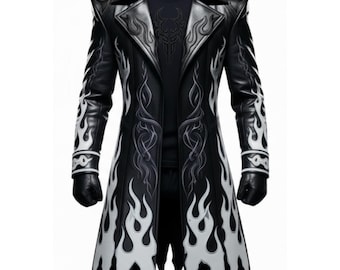 Trench in pelle nera con fiamme bianche / Giacca antipolvere da motociclista infuocato / Costume cosplay in stile Matrix Gothic Steampunk / Regalo per lui