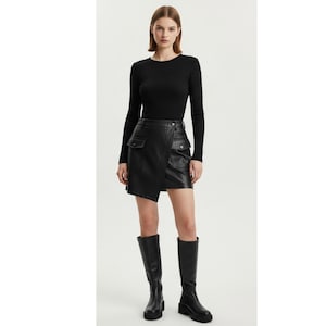 Genuine Handmade Black Leather Wrap Skirt | Women’s Mini Skirt with Pockets – Edgy Goth Streetwear Gift for Her