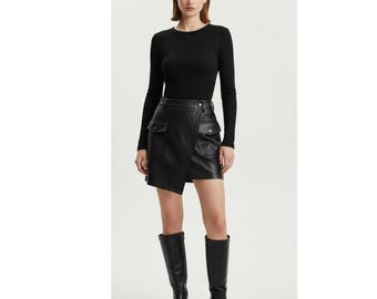 Genuine Handmade Black Leather Wrap Skirt | Women’s Mini Skirt with Pockets – Edgy Goth Streetwear Gift for Her