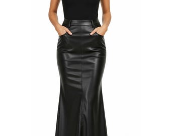 Long Black Leather Skirt | Women’s High-Waisted Pencil Skirt – Elegant Gown-Style Formal Wear & Gift for Her