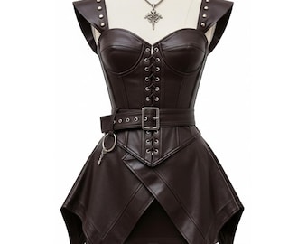 Women’s Dark Brown Leather Corset Mini Dress | Gothic Rivet Bustier & Steampunk Outfit