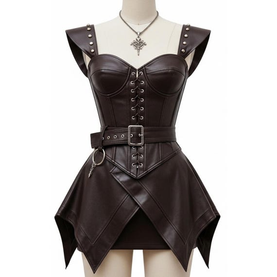 princess polly baby blue dress WAYF brown faux leather corset fit and flare midi dress M main image 1