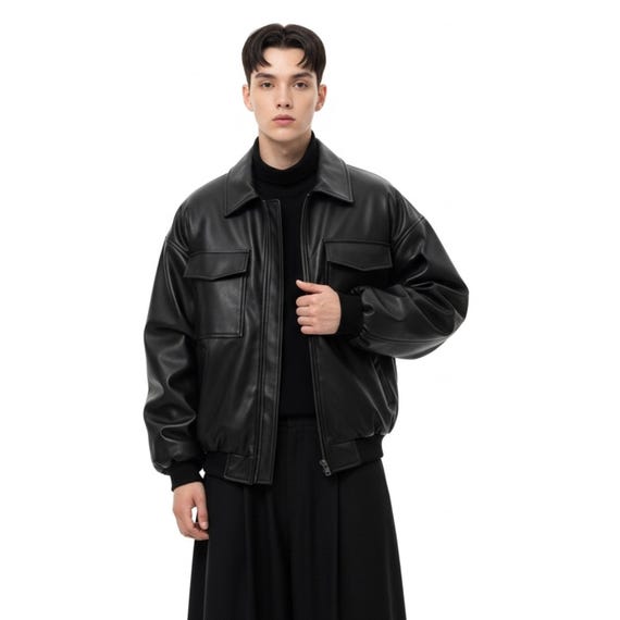 Oversized Lambskin Leather Bomber Jacket, Men's Black Genuine