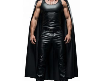 May include: A black leather outfit consisting of a sleeveless top, pants, and a cape. The cape has a high collar and is secured at the neck. The pants have a belt and zipper details. The outfit is all black.