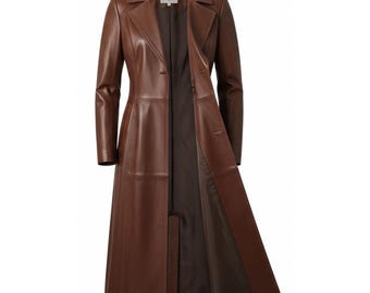 Cappotto in vera pelle marrone da uomo / Giacca in pelle lunga, Trench in stile vintage, Spolverino classico, Moda fatta a mano, Regalo per lui