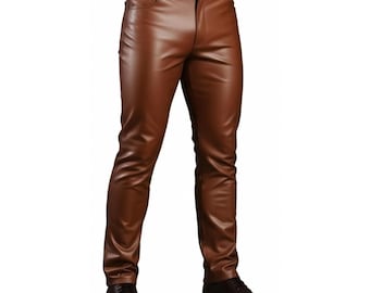 Men's Brown Leather Pants, Genuine Lambskin Trousers, Slim Fit Cognac Leather Jeans, Handmade Biker Streetwear, Gift for Him