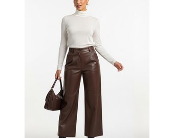 Women's Brown Lambskin Leather Wide Leg Trousers | Genuine Leather High Waisted Pant | Full Length Palazzo Gift for Her