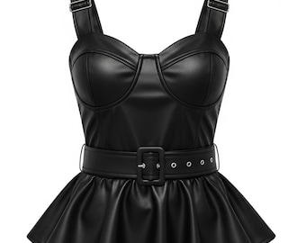 Handmade Black Genuine Leather Peplum Corset Top Bustier Vest with Belt & Adjustable Straps  Gothic E-Girl Fashion  Gift for Her