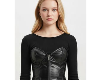 Black Genuine Leather Underbust Corset | Zipper Front Bustier & Lace-Up Back Waist Cincher – Gothic Steampunk Top, Gift for Her