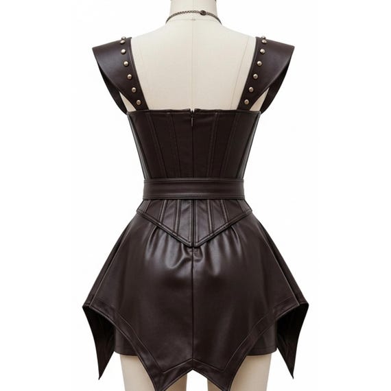 Women's Dark Brown Leather Corset Mini Dress | Gothic Rivet Bustier & Steampunk Outfit