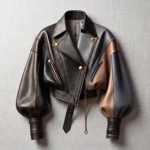 以下が含まれることがあります： 黒、スレートグレー、ベージュのカラーブロックデザインが特徴のクロップド丈レザージャケット。ボリュームのあるバルーンスリーブ、フィット感のある袖口、ノッチドラペル、ゴールドトーンの金属製ジッパー、スナップボタン、チェーン付きのウエストベルトが施されています。