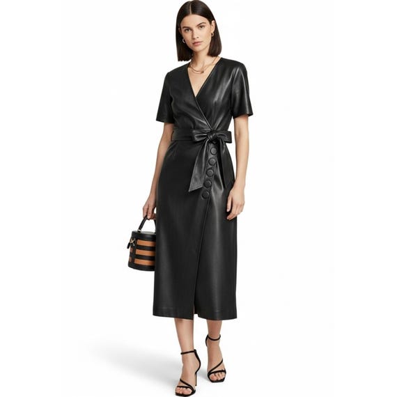 black leather wrap dress Go Natalie Faux Leather Wrap Dress Black / Small