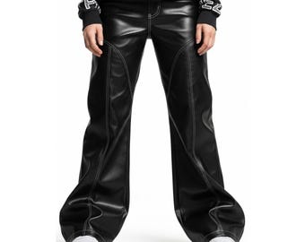 Pantalones acampanados de auténtica piel de cordero, pantalones negros de pierna ancha para mujer, estilo retro de los 70, regalo para ella