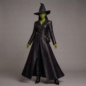 May include: A figure with green skin wearing a long black leather coat, matching black leather trousers, and black leather boots. The outfit includes a pointed black witch hat and a small black pouch attached to a belt at the waist. The coat is buttoned.