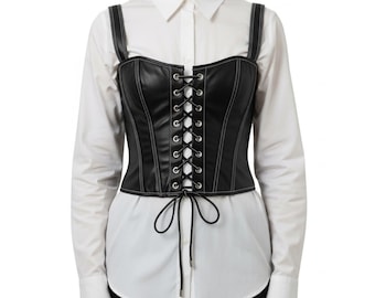 Women's Black Lambskin Leather Corset Top | Genuine Leather Lace Up Vest | Contrast Stitching Bustier Gift for Her