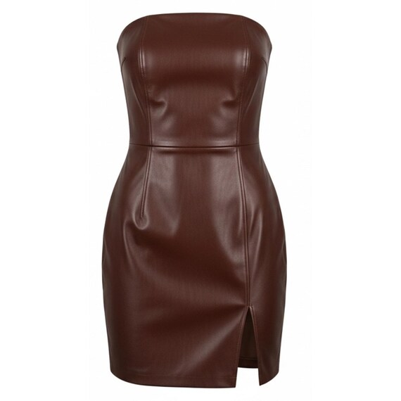 Chocolate Brown Leather Strapless Dress | Leather Bodycon Mini Dress - Sleek Party Outfit & Gift for Her Chocolate Brown Leather Strapless Dress | Leather Bodycon Mini Dress - Sleek Party Outfit & Gift for Her