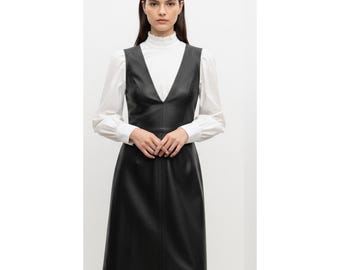 Black Lambskin Leather Pinafore Dress | Women's Genuine Leather V-Neck Shift Dress | Sleeveless Sundress Gift for Her