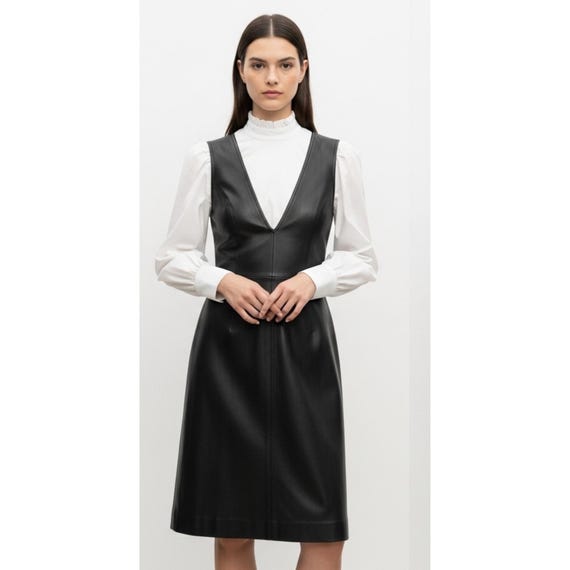 Black Lambskin Leather Pinafore Dress | Women's Genuine Leather V-Neck Shift Dress | Sleeveless Sundress Gift for Her