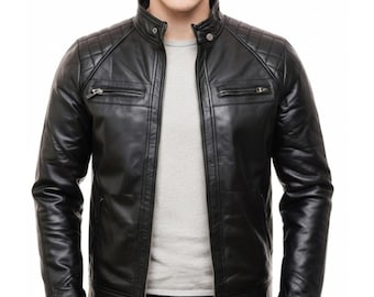 Handmade Sheepskin Leather Jacket | Men’s Quilted Shoulder Motorcycle Jacket | Classic Cafe Racer Style | Gift for Him