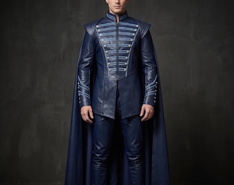 Men's Blue Leather Coat, Medieval Fantasy Outfit, Gothic Military Jacket, Steampunk Long Cape, Cosplay Costume, Gift for Him