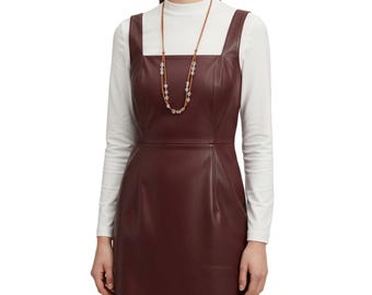 Vestido pichi de cuero granate, minivestido de cuello cuadrado, vestido jersey de cuero de corte A, ropa de calle de otoño, regalo para ella