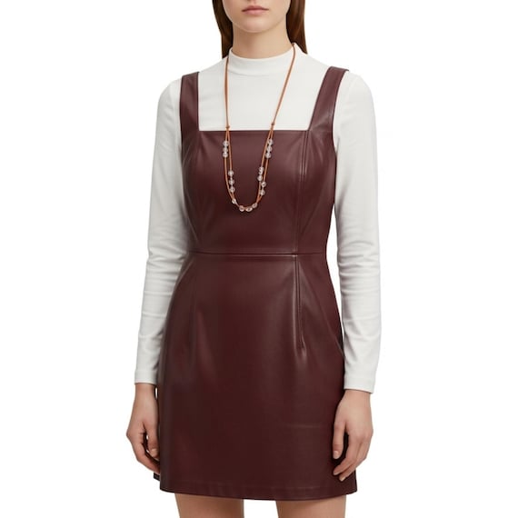 Maroon Leather Pinafore Dress, Square Neck Mini Dress, A-Line Leather Jumper Dress, Autumn Streetwear, Gift For Her