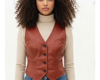 Women's Brown Lambskin Leather Vest | Genuine Leather Button Front Waistcoat | Fitted Sleeveless Top Gift for Her