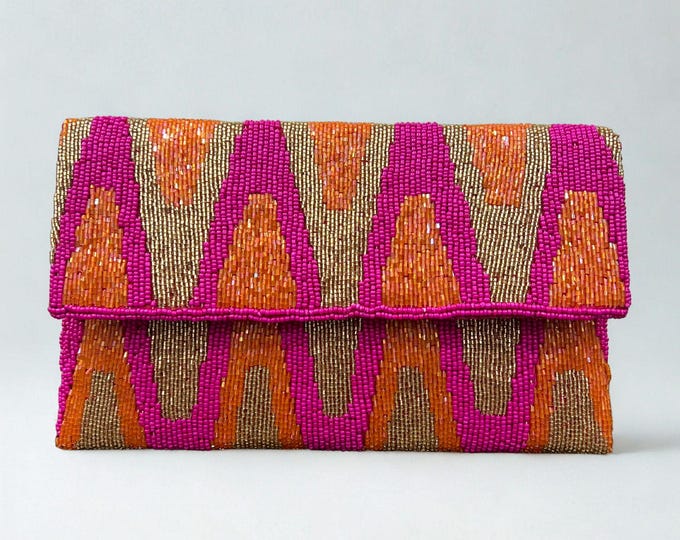 Handmade Beaded Sequin Clutch Bag, Pink Orange Gold Evening Purse, Bridal Wedding Bag, Bridesmaid Gift